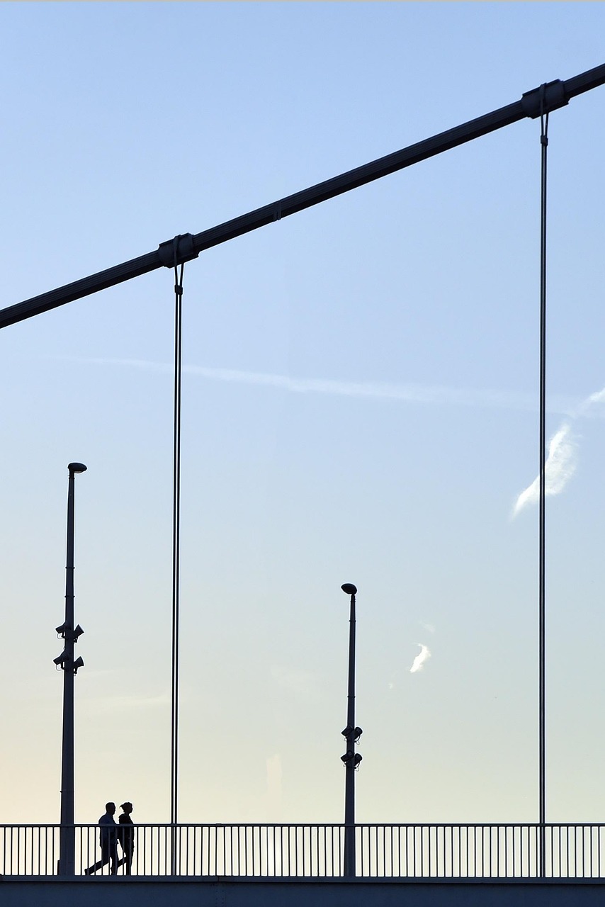 bridge, silhouette, sky, steel, people, walking, road, nature, structure, blue sky, daylight, outdoors